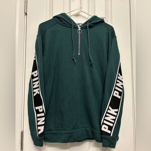 PINK Victoria’s Secret Dark Green Quarter-Zip Hoodie with Logo Sleeves - XS